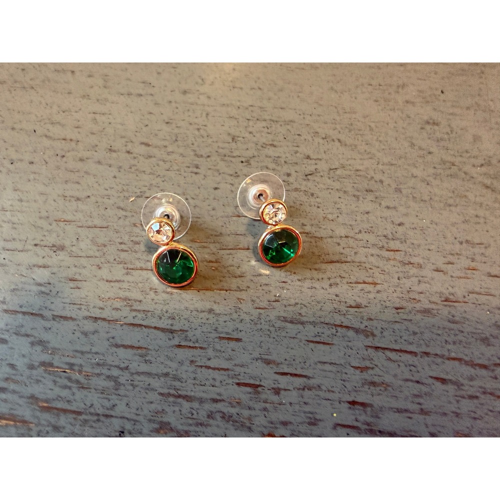 Gold Tone Emerald Green and Clear Crystal Drop Post Earrings